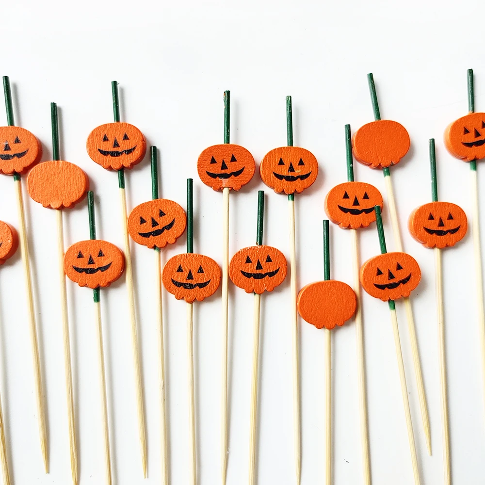 100 Stücke Halloween Einweg Bambus Spieße Buffet Obst Gabel Dessert Salat Gemüse Sticks Zahnstocher Spieß Halloween Decor – Detail 4