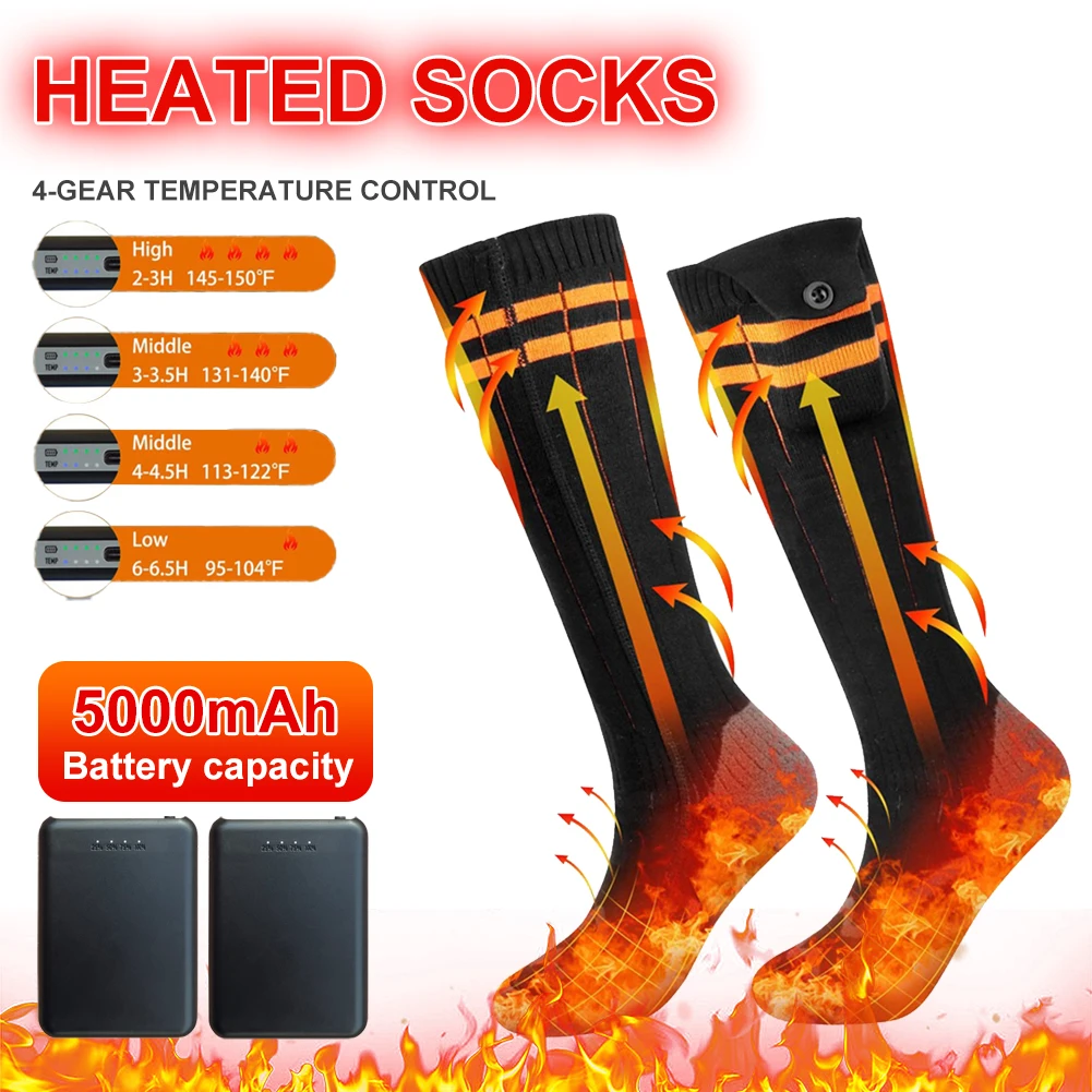 

5000mAh Electric Heated Socks with Portable Power Bank 113℉-150℉ 4 Temperature Settings Sole Heating Socks for Men Women Winter