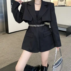 Corrente de metal blazer feminino 2022 primavera nova moda cintura inspirado design casaco cor sólida simples solto blazer mujer