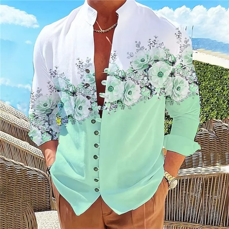 

Mens Clothing New Arrivals Man White Shirt 3D Vintage Stand Neck Long Sleeve Button Men Casual Floral Print Shirts Chemise Homme