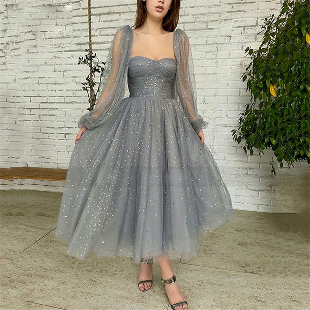 

Starry Tulle Puff Sleeves Prom Dresses robes de soirée Backless Sweetheart Party Gown Ankle Length vestidos de gala فستان