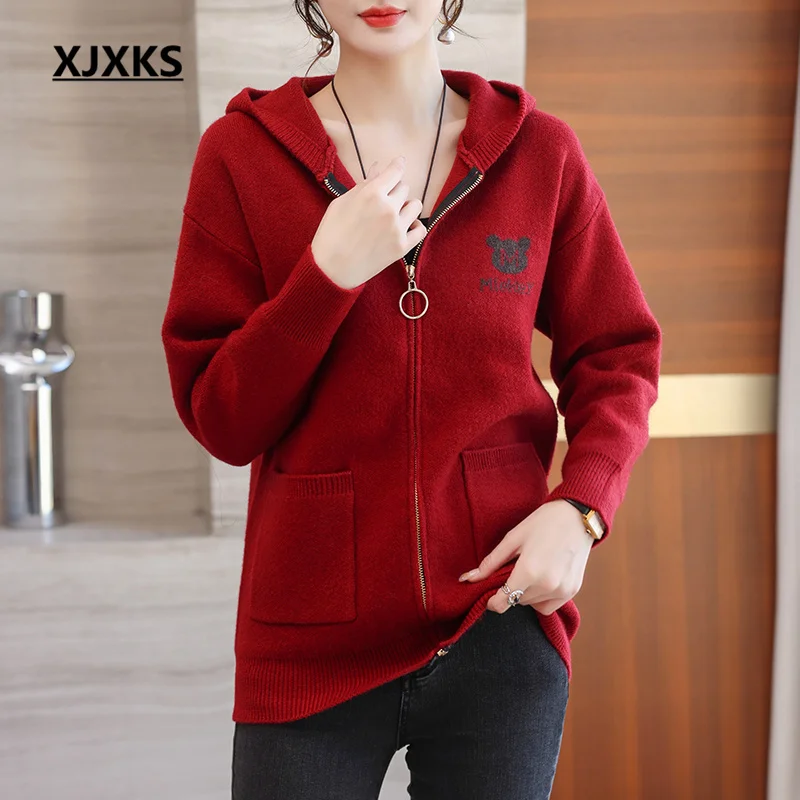 

XJXKS 2023 Spring Autumn Winter New Fashion With Hooded Zipper Cardigan Women's Sweater Coat High-quality Wool Knit Jacket