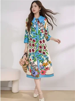 Miyake pleats, women's clothing, print, stand-up collar and mid-sleeves, loose, single-breasted, cardigan dress, elegant, 2026 1