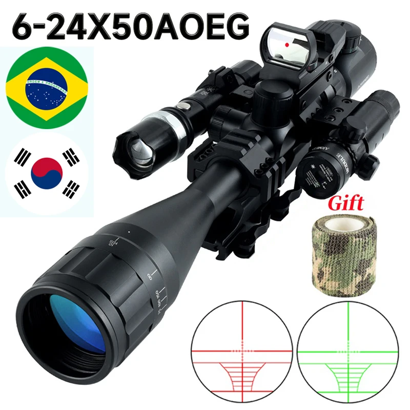 6-24x50 Red Green Optics Riflescope Hunting Laser Combo Optical Collimator Tactical Gun Sight Reticle for Airsoft Aim Accessory