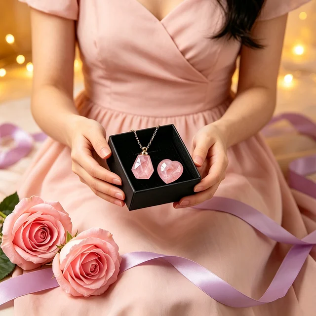 1set Natural Rose Quartz Perfume Bottle Necklace Heart Crystal Palm Stone Gift Set Women Healing Jewelry Gift