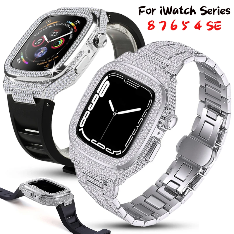 

Diamond Modification Kit For Apple Watch Series 8 7 6 SE 5 4 Luxury Stainless Steel Case for iWatch 44mm 45mm Rubber Strap