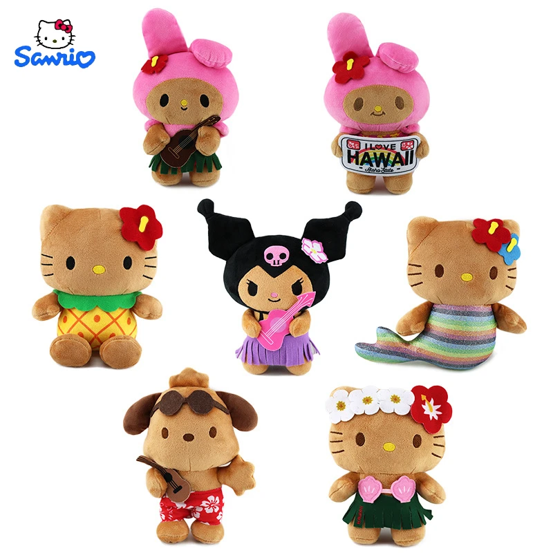 

2024 Sanrio Doll Hawaiian Bikini Limited Black Leather Cute Hello Kitty Melody Kuromi Pochacco Plush Doll Room Decoration Gift