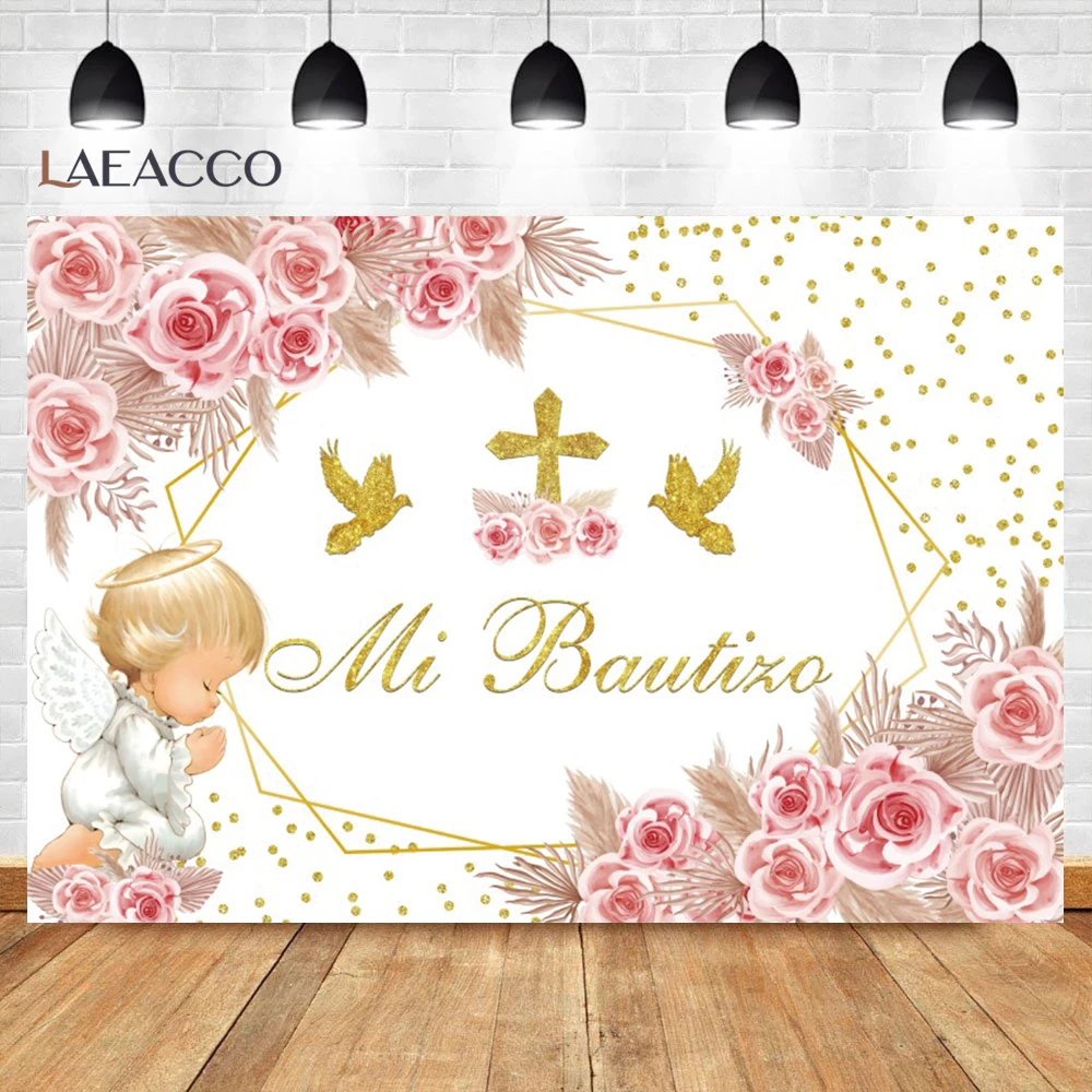 Boy Girl Baptism Background Newborn Christening First Holy Communion God Bless Photography Backdrop Boho Flower Gold Cross Decor photo backdrop