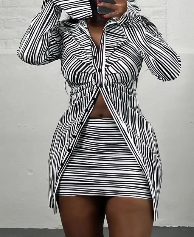 Women Mini Skirt Sets 2024 Spring Summer Striped Ruched Long Sleeve Turn Down Collar Button Tops & Skirts Set Daily Two-Piece