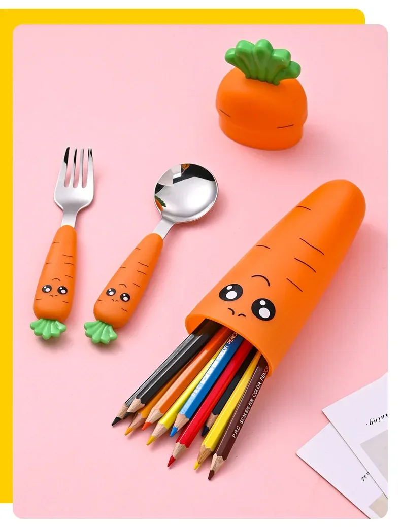 Cutlery Set Cute Spoon Fork Tableware Children Carrots Feeding Vegetable Teaspoon Forks Flatware Kids Training Stainless Steel Dinnerware