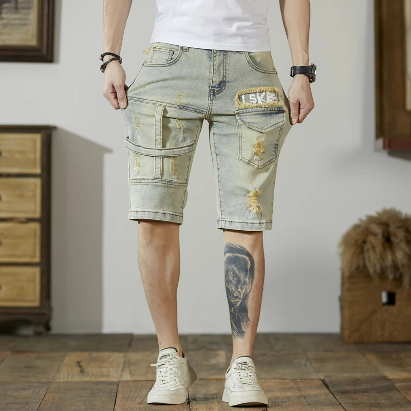 Summer New Men's High-End Denim Shorts Fashion Ripped Fifth Pants Fashion Brand Slim Fit Patchwork Stretch Motorcycle Pants