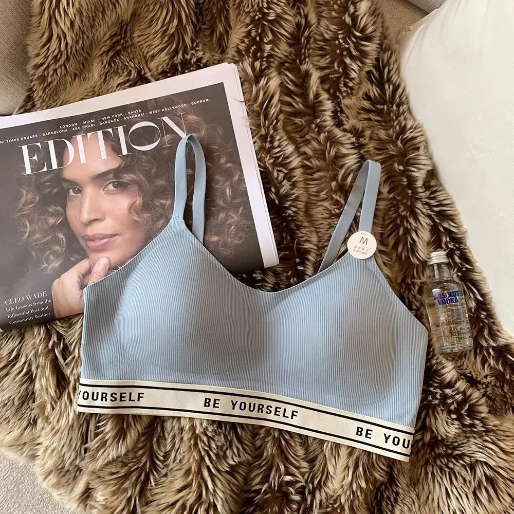 Women's Soft Underwear Push Up Non Wired Bra Letter Print Sports Thin Brassiere Anti Sagging Gathered Bralette Comfort Lingerie