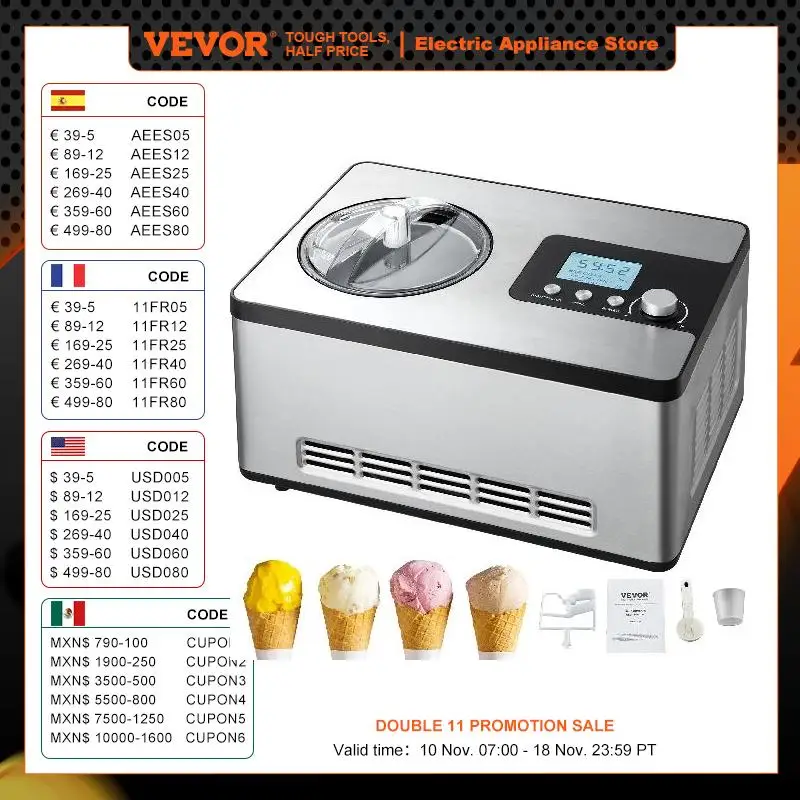 Automatic Ice Cream Maker with Built-in Compressor 2 Quart No Pre-freezing Fruit Yogurt Machine Electric Sorbet Maker Ice Cream Maker