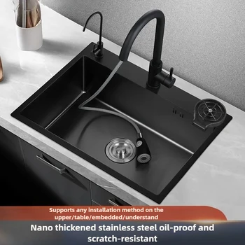 ห้องครัวในครัวเรือนหนา 304 สแตนเลสสีดําขนาดใหญ่อ่างล้างจานอ่างล้างหน้า Handmade Whose 1