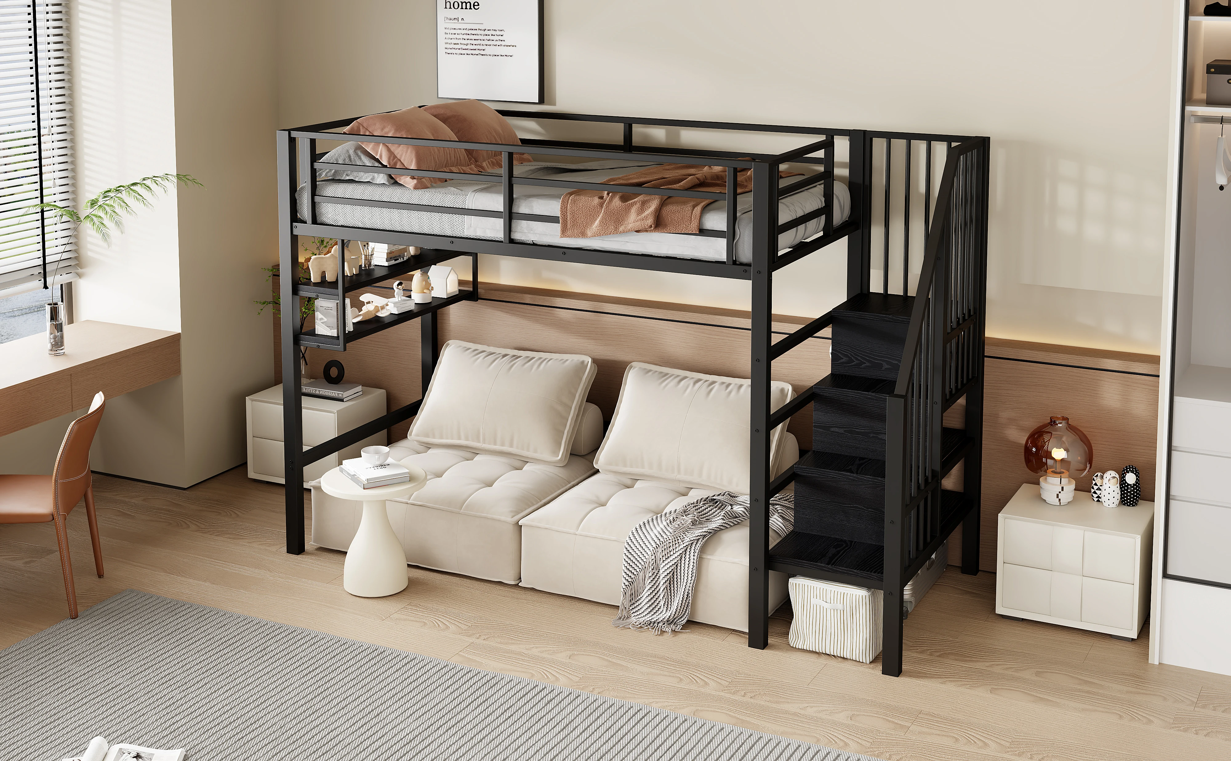 Hochbett, 90*200cm, Regale, Aufbewahrungstreppe, Stauraum unter dem Bett für Verkleidung, Geländer, ohne Matratze, schwarz – Detail 16