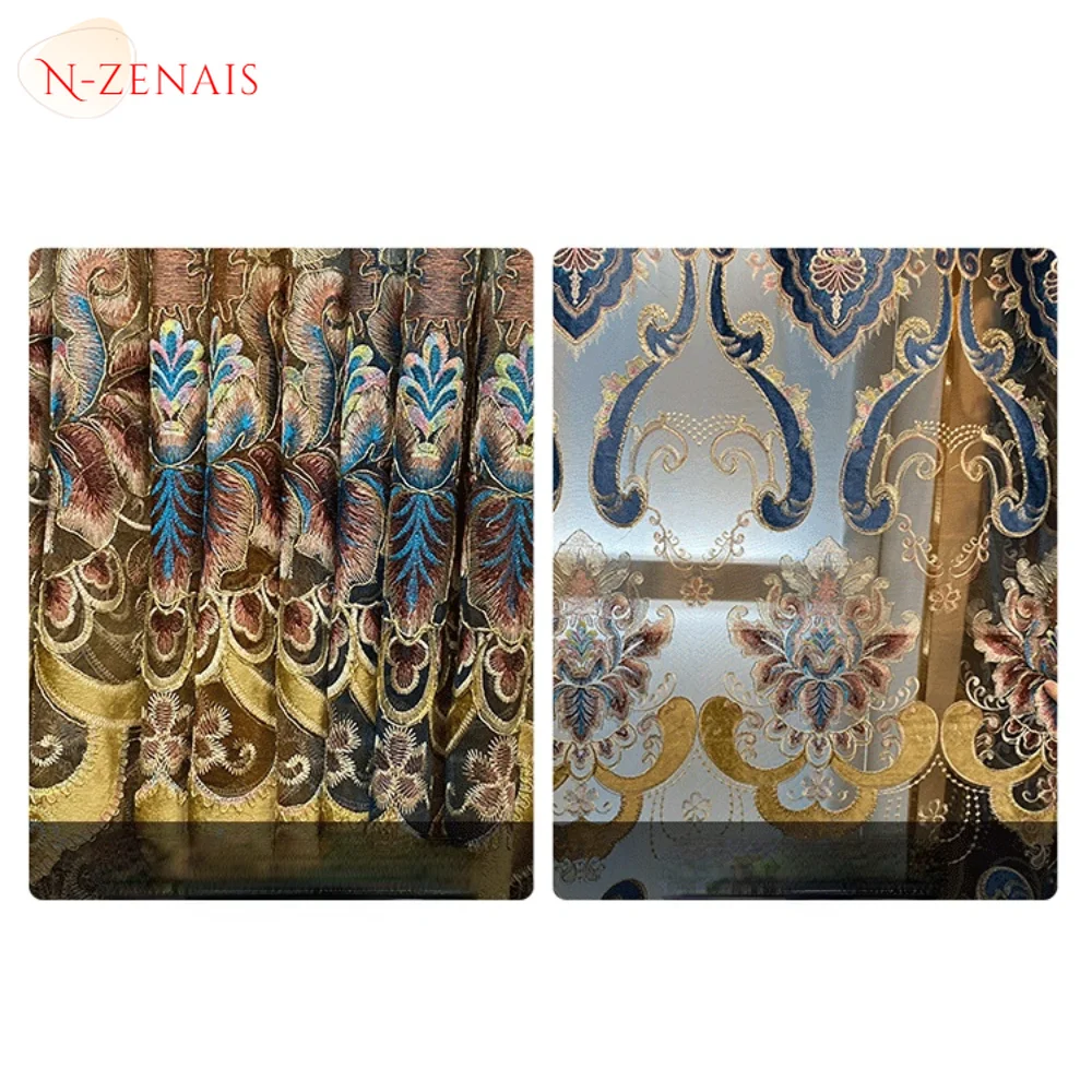 Európai Fényűzés Kék szín curtains számára Eleven szoba Hálószoba embroidered Üreges Szegélykő Tüll Zsenilia Szokás dekorációs ablum konyhai