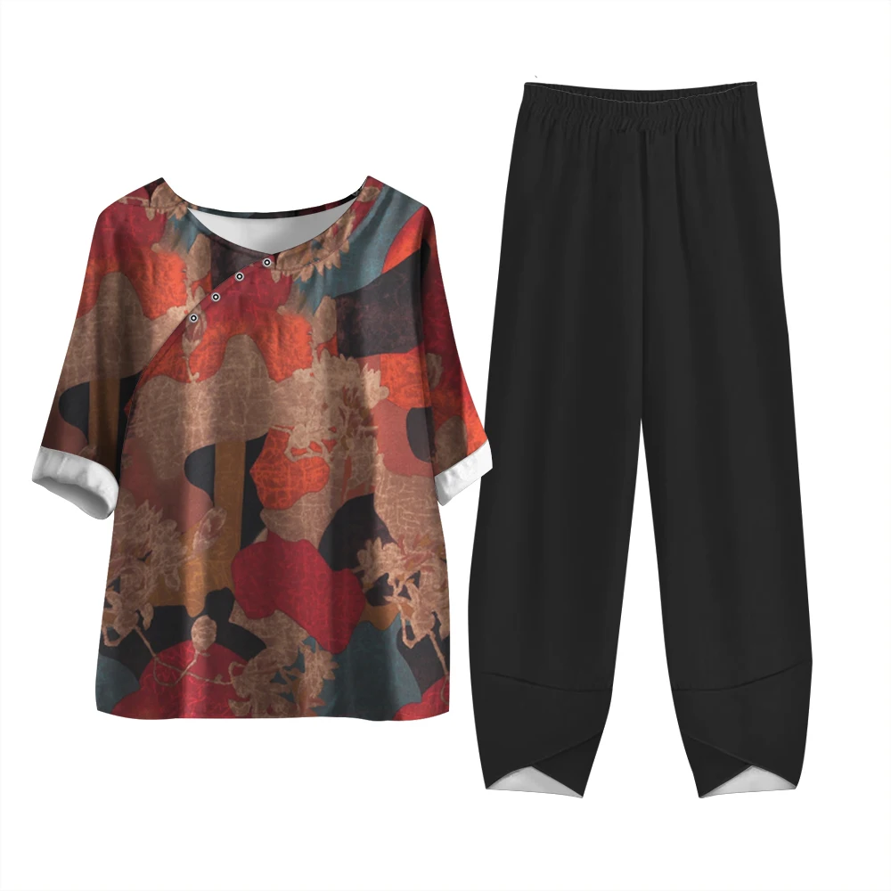 

Ancient Style Grandmother Button-Down Shirt Breathable Flower Color Printed Short Sleeve Pants Middle-Aged 2-Piece Women's Suit