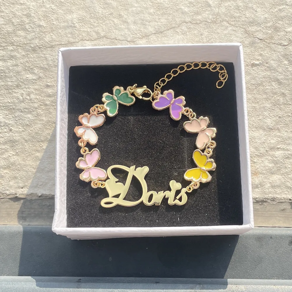 3UMeter Colorful Enamel Butterfly Custom Name Children's Jewelry Set Personalized Letter Cute Girl Bracelet Necklace Gift