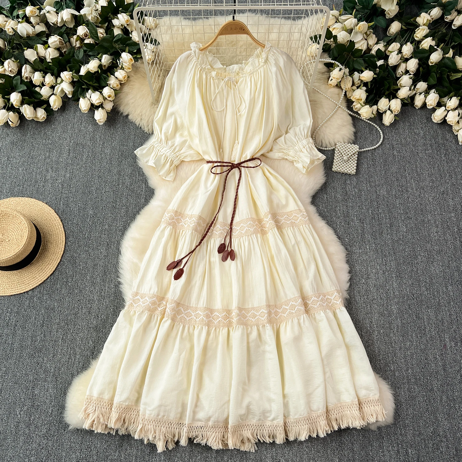 

Retro Elegant Pleated sweet Puff Sleeves PATCHWORK Dress Beach Vacation Casual Women A-LINE Fashion Summer Dresses