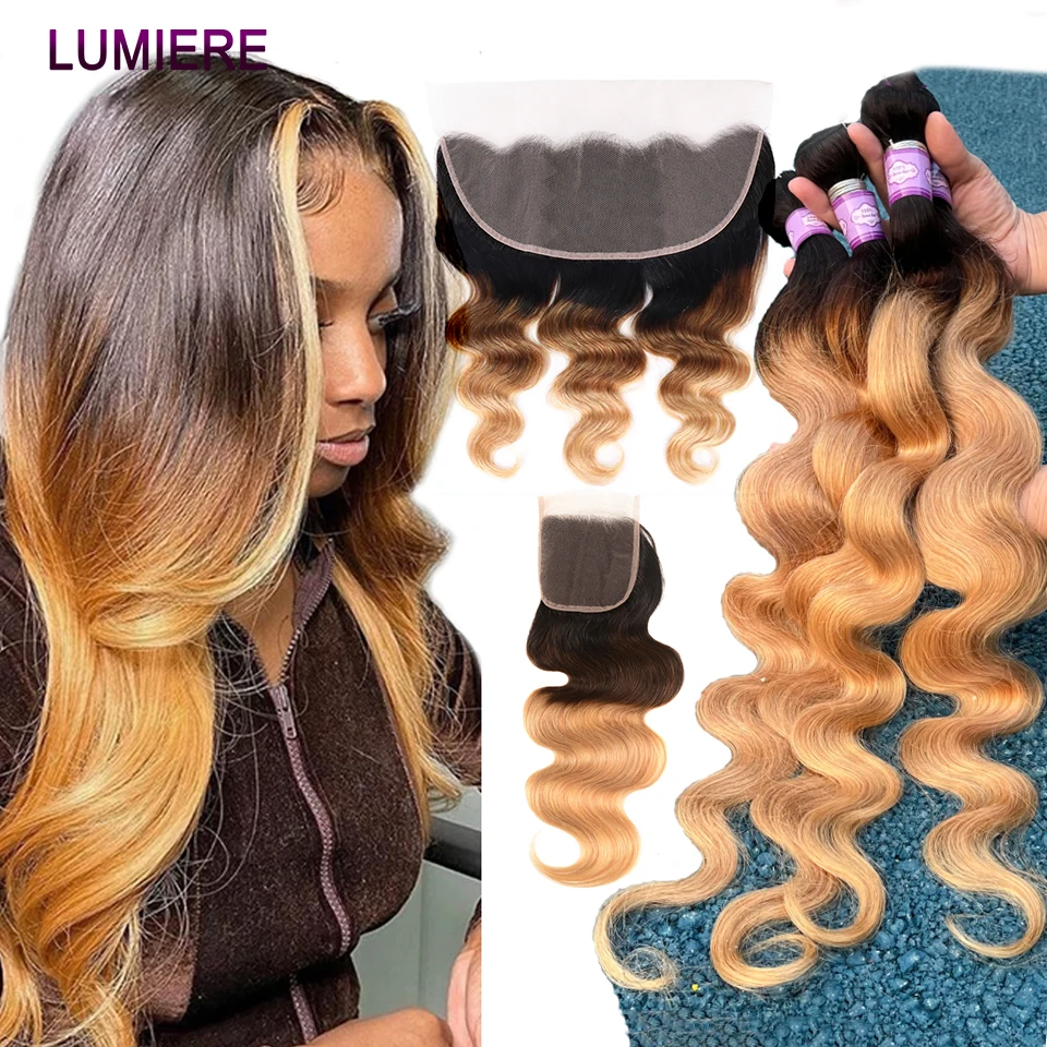 Ombre Body Wave Bundles With Frontal Closure T1b/4/27 Colored