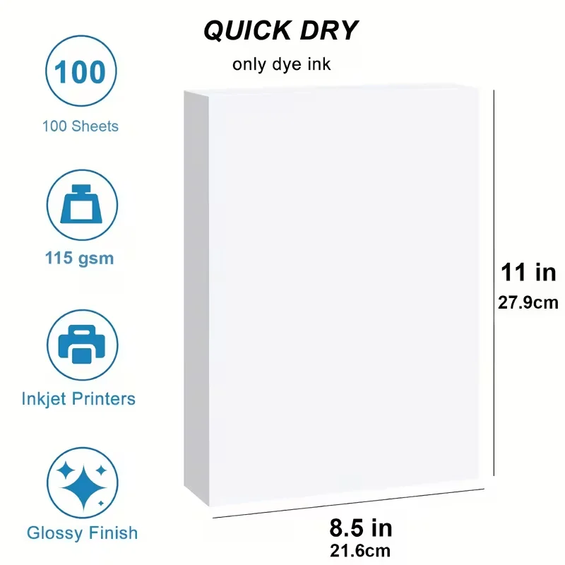 100매 8.5x11인치 115GSM 단면 광택 사진 인쇄 잉크젯 레터 사이즈 DIY 칩백 파티 선물 브로셔 전단지 사진