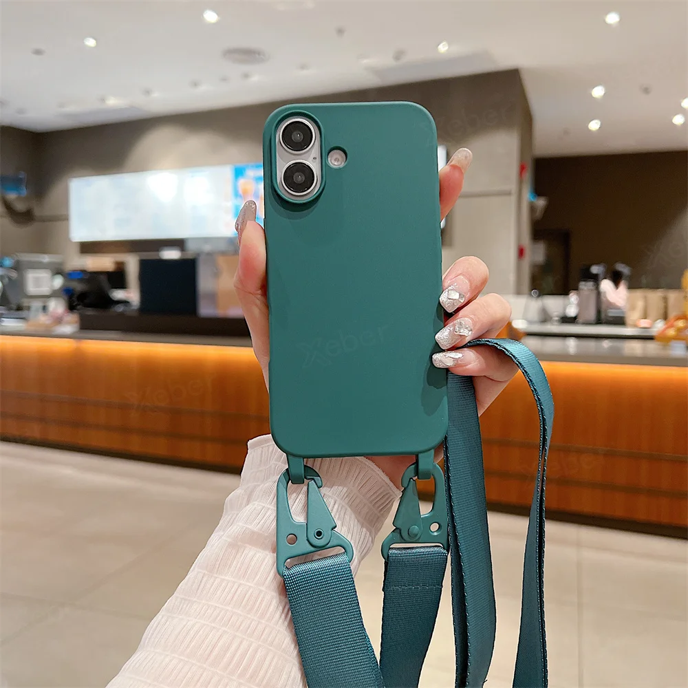 Étui de téléphone en silicone mat avec lanière large et collier bandoulière pour iPhone 16 15 14 Pro Max 13 12 11 XR XS MAX Housse mate antichoc_voghion.com