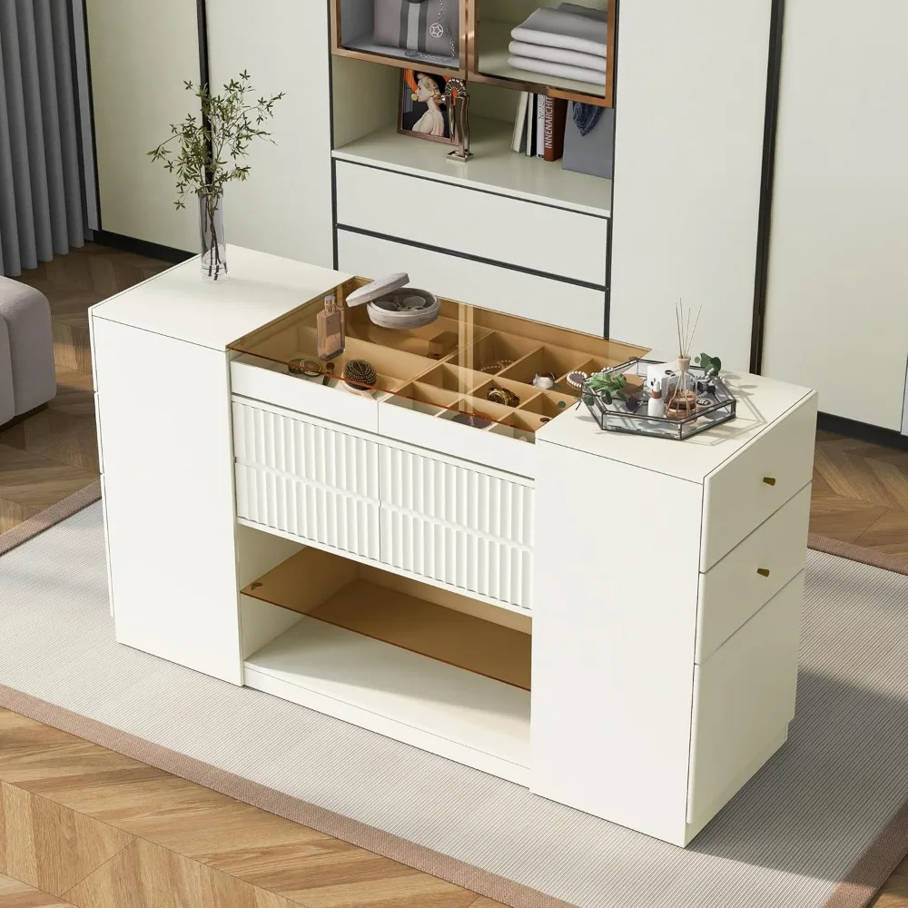 Modern Armoire Bedroom Island with Drawers Glass Top, Multi-Function Closet Island with 6 Drawers,Wooden Closet Storage Cabinet 4