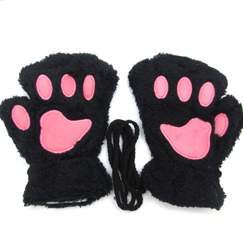 Women Winter Warm Half Finger Gloves Cartoon Paw Embroidery Anime Kitten Thicken Fuzzy Plush Fingerless Mittens fingerless gloves half finger gloves