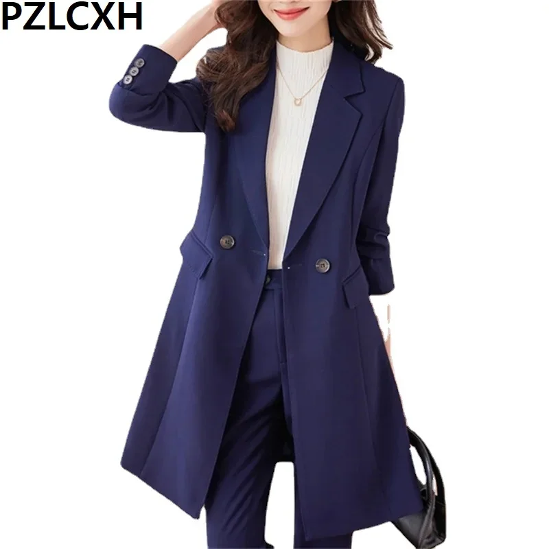 OL Slim Women Suits Office Sets 2024 New Fashion Long Sleeve Turn Down Collar Long Trench Blazers Vintage Pant Suits ol solid 2 piece sets office wear women 2024 new fashion folds turn down collar blazers vintage high waist pant suits