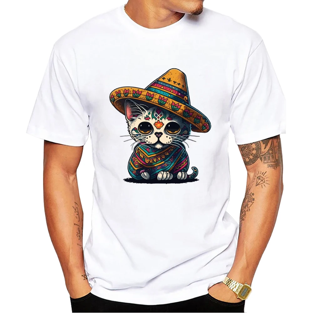 TEEHUB Oansatz Kurzarm Männlich Casual Männer Kleidung Vintage Streetwear Mexikanische Zucker Schädel Katze Sombrero Druck männer T-Shirt