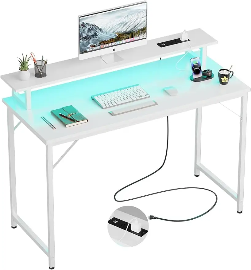 iSunirm 47 inch Computer Desk with Power Outlets, Gaming Desk with LED Lights, Home Office Work Desk with Monitor Shelf, Modern 10 pcs lot 12v 2a switching power supply module new ic chip regulator switch power bare board monitor led lights ac 100 240v