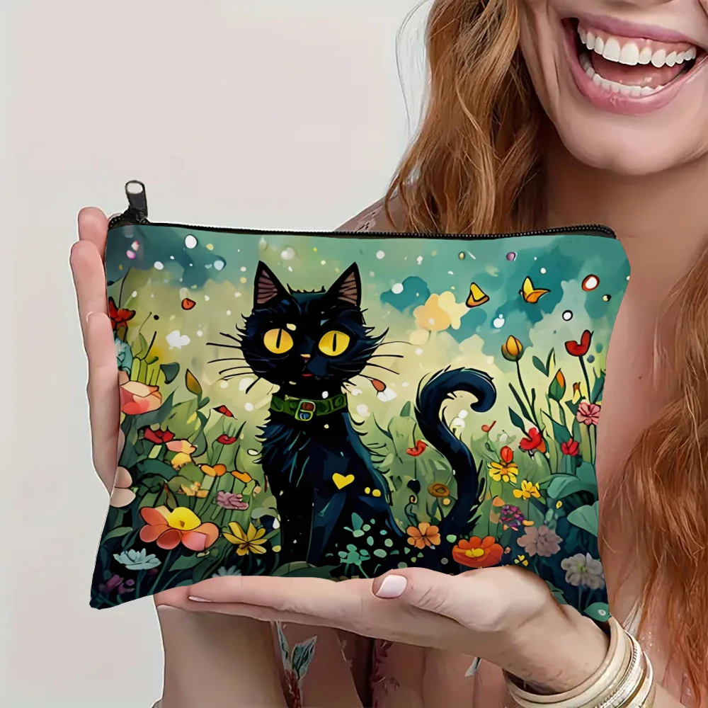 Niedliche Make-up-Tasche mit Cartoon-Katzenmotiv, bedruckt, Kosmetiktasche, faltbar, leicht, mit Reißverschluss, Make-up-Tasche für Frauen und Mädchen