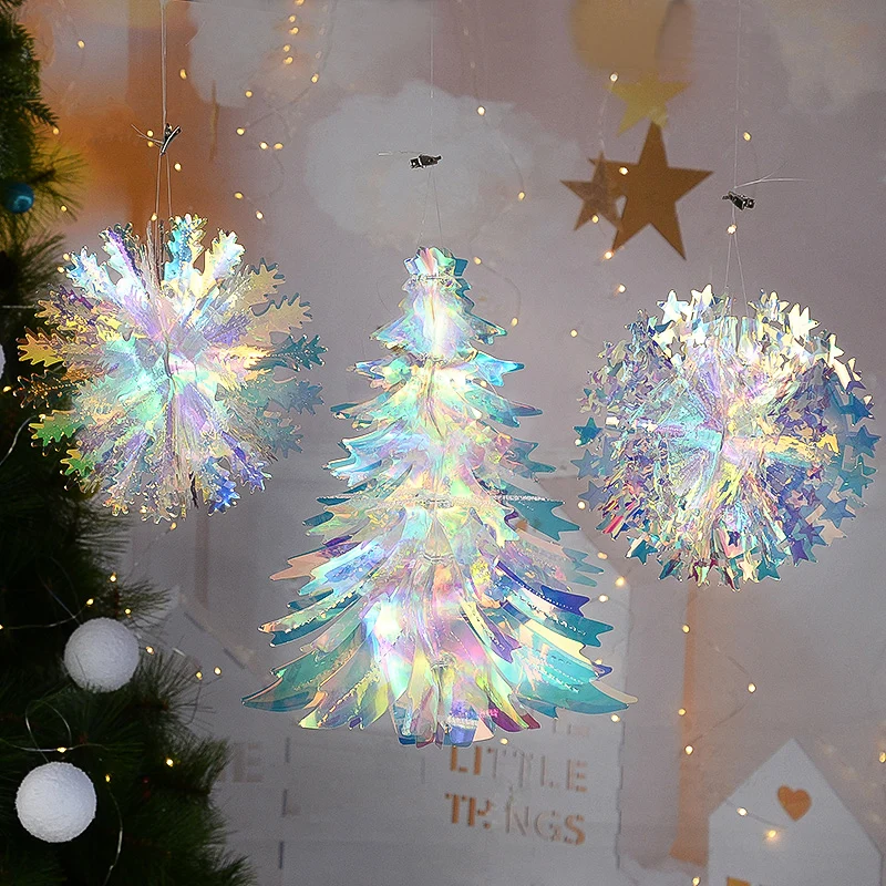 Rainbow Film Colorful Christmas Pendant Snowflake Honeycomb Xmas Tree Hanging Ornament Christmas Decor for Home New Year Navidad