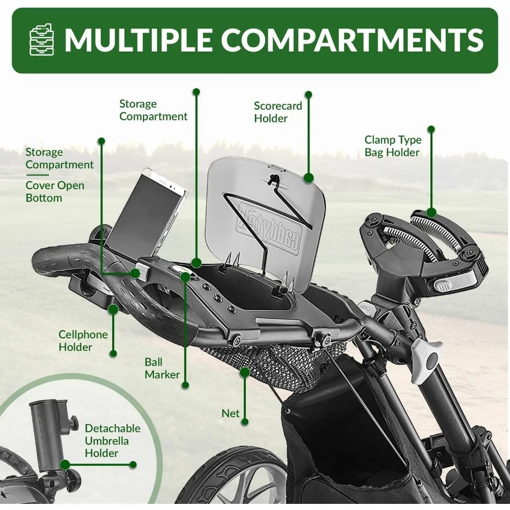 4 Wheel Golf Push Cart-Caddycruiser One Version 8 1-Click Folding Trolley-Lightweight, Compact Pull Caddy Cart, Easy to Open