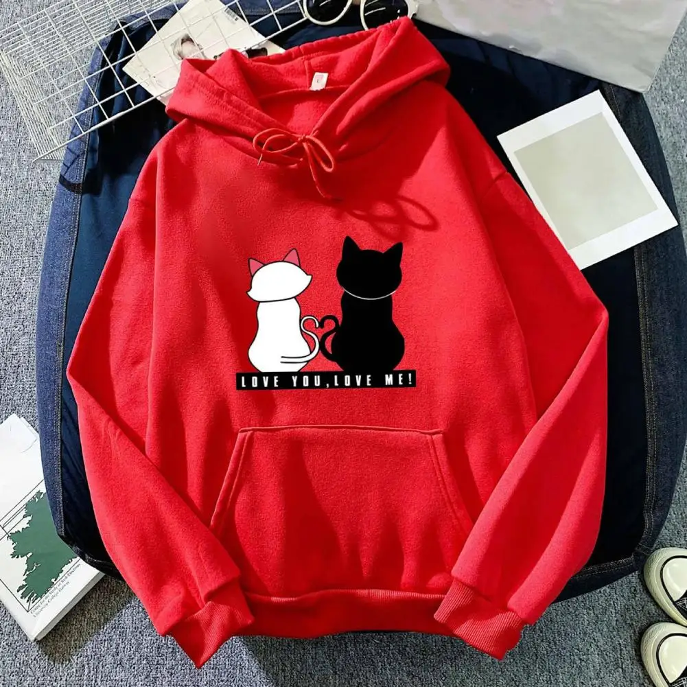 

Autumn Hoodie Warm Cozy Cartoon Cat Print Hoodie for Couples Plush Pullover with Drawstring Elastic Cuffs Patch Pockets Women