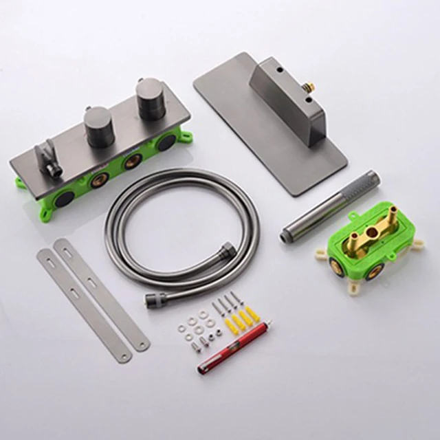 Minimalist ห้องน้ําปืนทองเหลืองสีเทาติดผนัง Thermostatic ก๊อกน้ําอาบน้ํา,ฝังน้ําตก Spout Anti-Scald Bath Mixer TAP 6