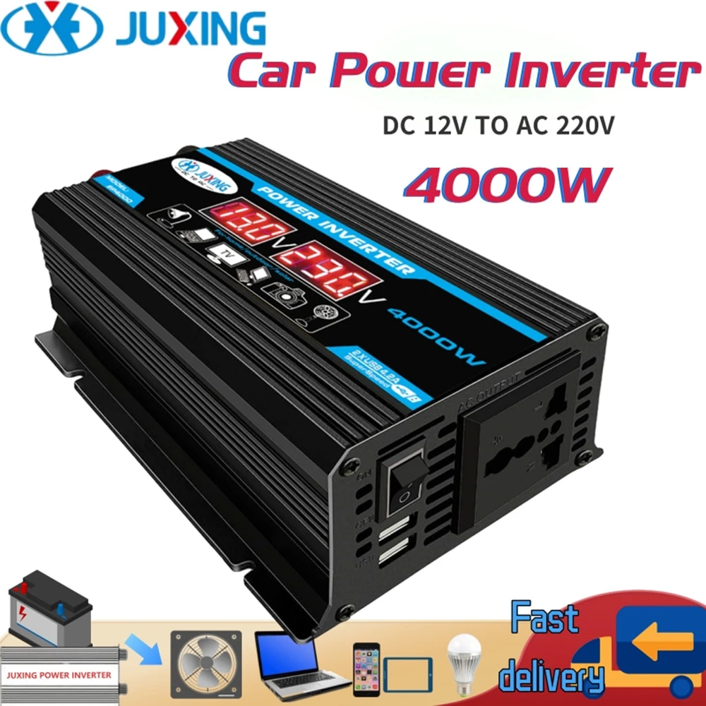 

Преобразователь напряжения JUXING 4000 Вт с 2 дисплеями, трансформатор напряжения постоянного тока 12 В в переменный ток 110 В/220 В, два USB-порта для использования в автомобиле и на улице
