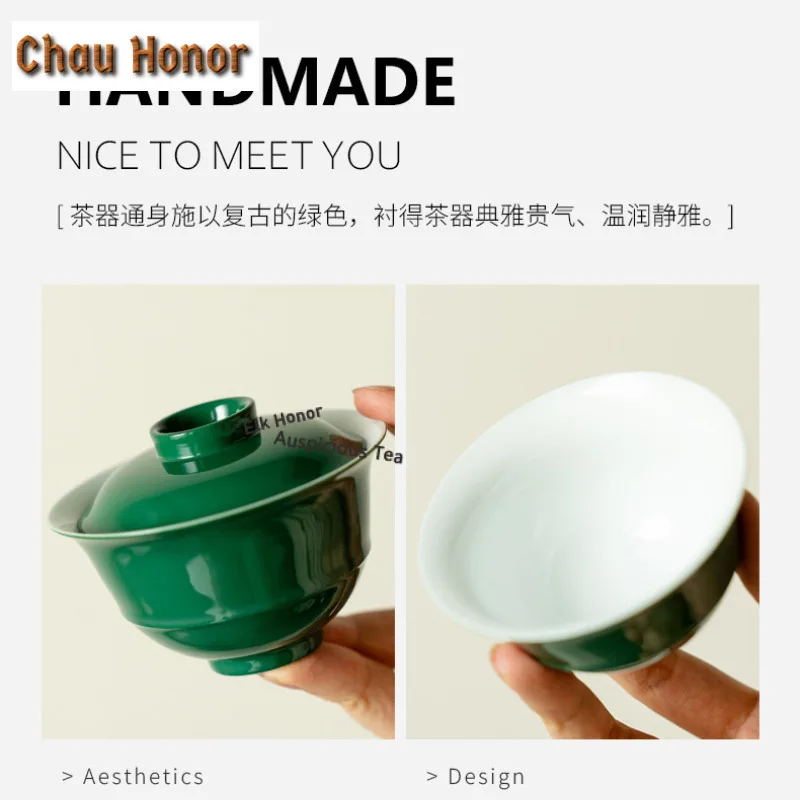 90ml Emerald Green Ceramic Gaiwan Elegant Tea Tureen Tea Bowl With Lid Kit Tea Brewing Cover Bowl Chinese Tea Set Ornaments Gift