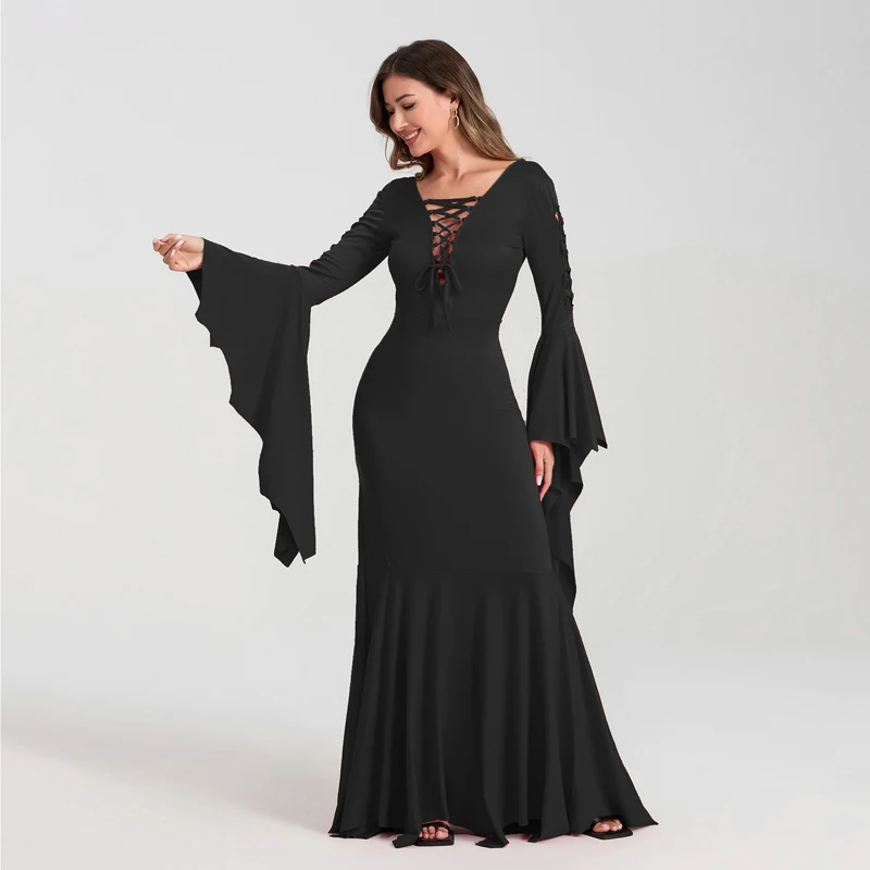 Women Halloween Vampire Cosplay Costumes Cut-out Cross Lacing Long Sleeves Bodycon Floor Dress Gothic Cosplay Outfits