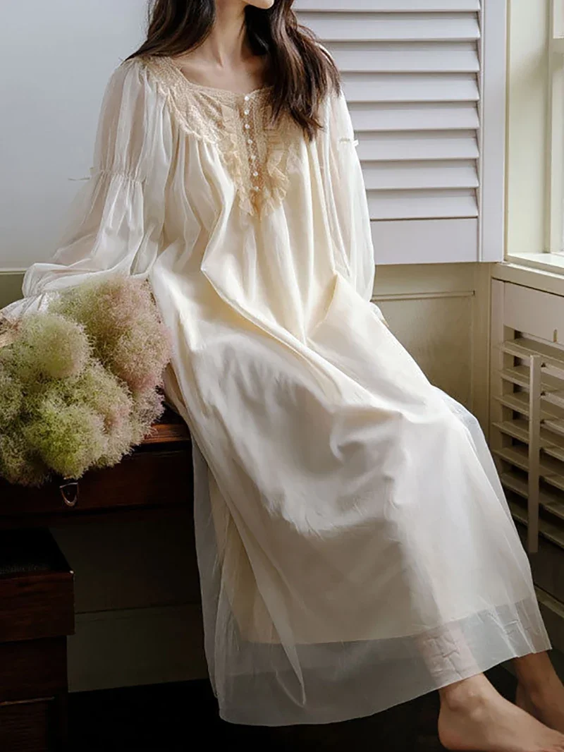 

Women Pure Cotton Ruffles Vintage Night Gowns Robe Nightie Long Dress Victorian Romantic Princess Sleepwear Nightdress Homewear