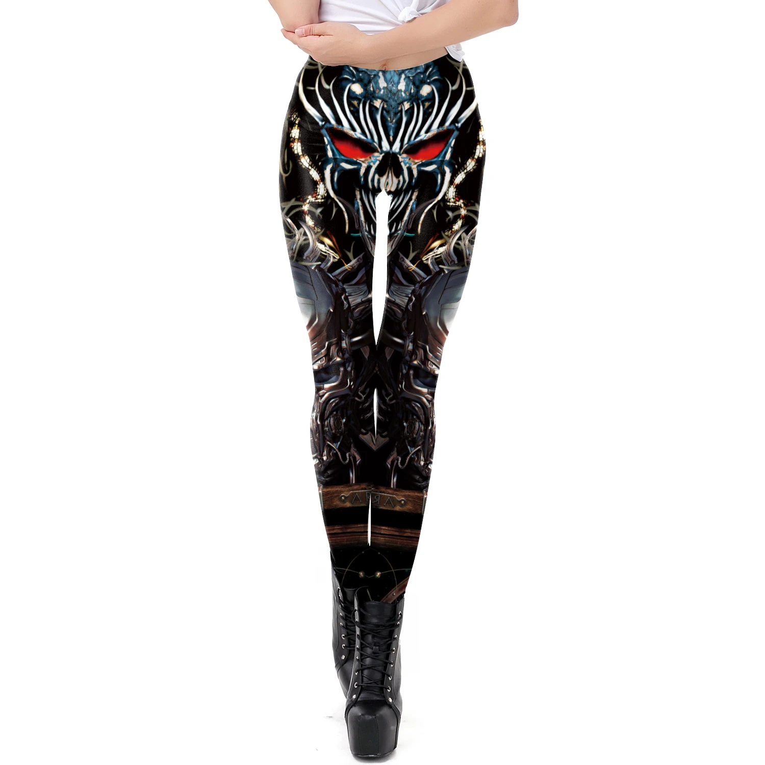 [Sei Il Mio Segreto] Nuovo Stile Punk Leggins Grigio Scuro Steampunk Gear Of War Leggins Stampati Allenamento Donna Legging Pantaloni Fitness