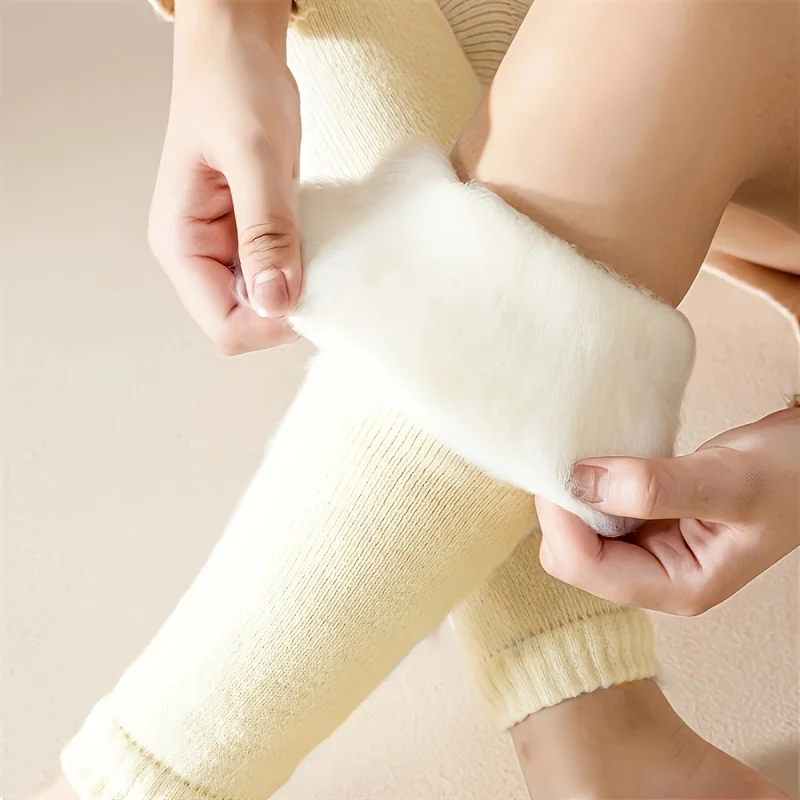 1Pair Winter Thick Stockings Windproof Plush Lined Thermal Knee-High Leg Cover Non-Slip Elastic Women Outdoor Cozy Leggings