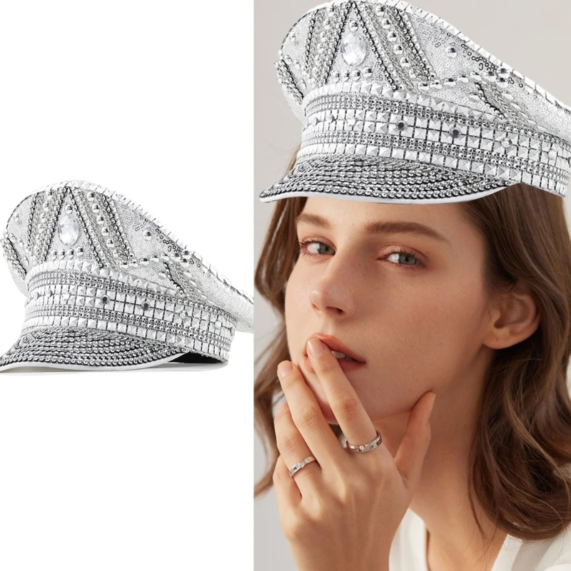 

Crystal Studded Captain Hat Glitter Sequins FlatTop Hat Wedding Party Bride
