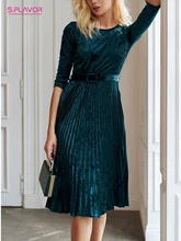  S.FLAVOR Women Vintage Velvet Pleated Midi Dresses Elegant Solid Color O Neck 3/4 Sleeve Slim A Line Party Vestidos 