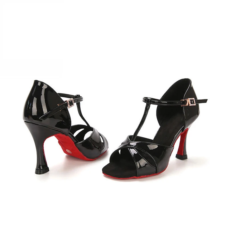 Professional Latin Dance Shoes Women Black Leather Lady Ballroom Salsa Red Soft Sole Practice Performance Competition Shoes
