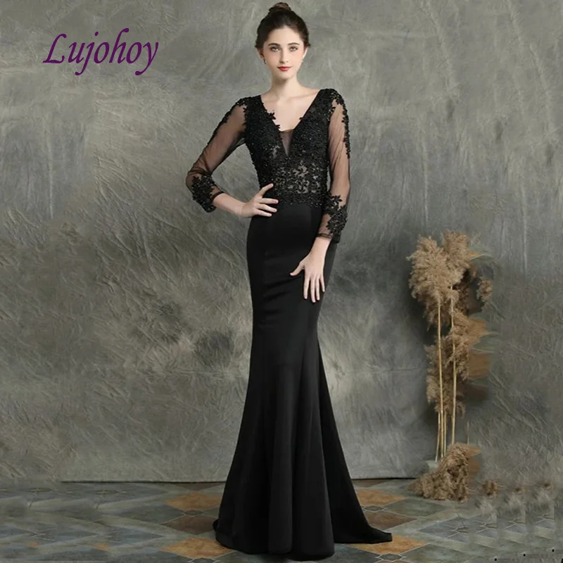 

Black Long Sleeve Mermaid Mother of the Bride Dresses Plus Size for Weddings Evening Formal Godmother Groom Dinner Gown