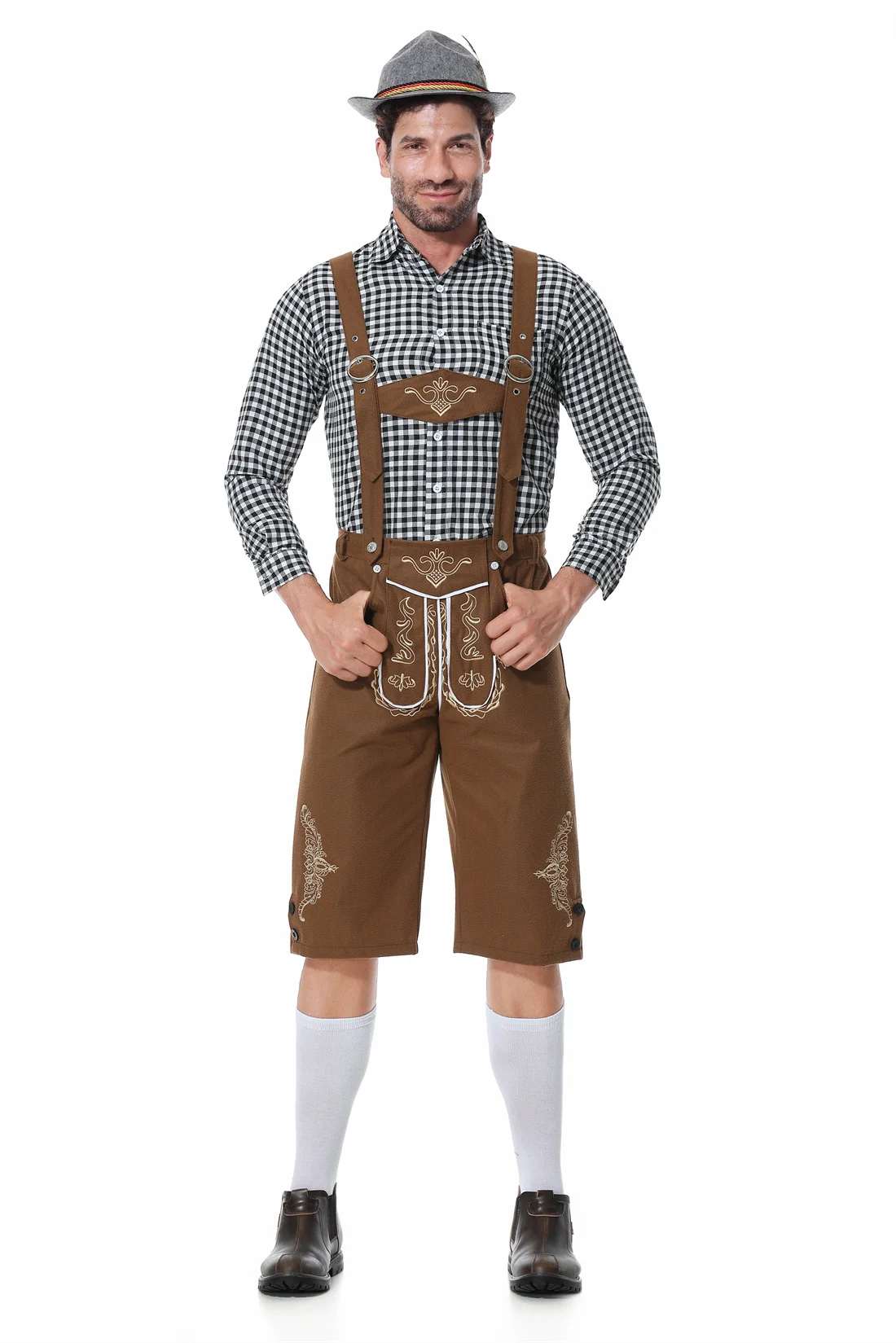 Beeoecm Déguisement Oktoberfest Homme – Ensemble Bavarois Complet Avec Chemise à Carreaux, Pantalon à Bretelles, Chaussettes Et Chapeau En Feutre