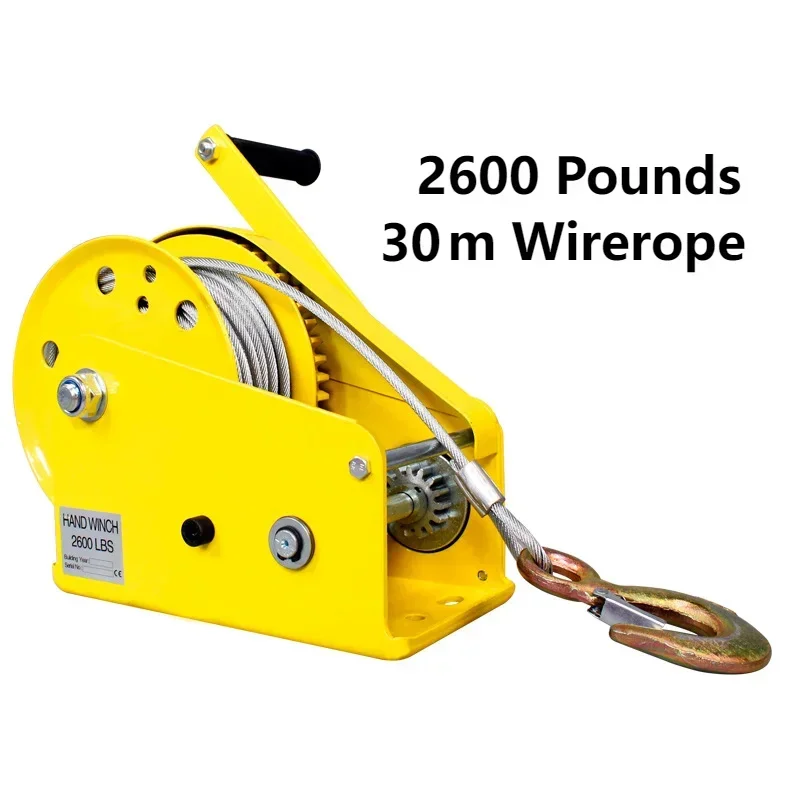 2600 Pounds 30m 3m/min Wirerope Hand Operated Winch Portable Winch Manual Traction Hoist Crane Bidirectional Self-locking