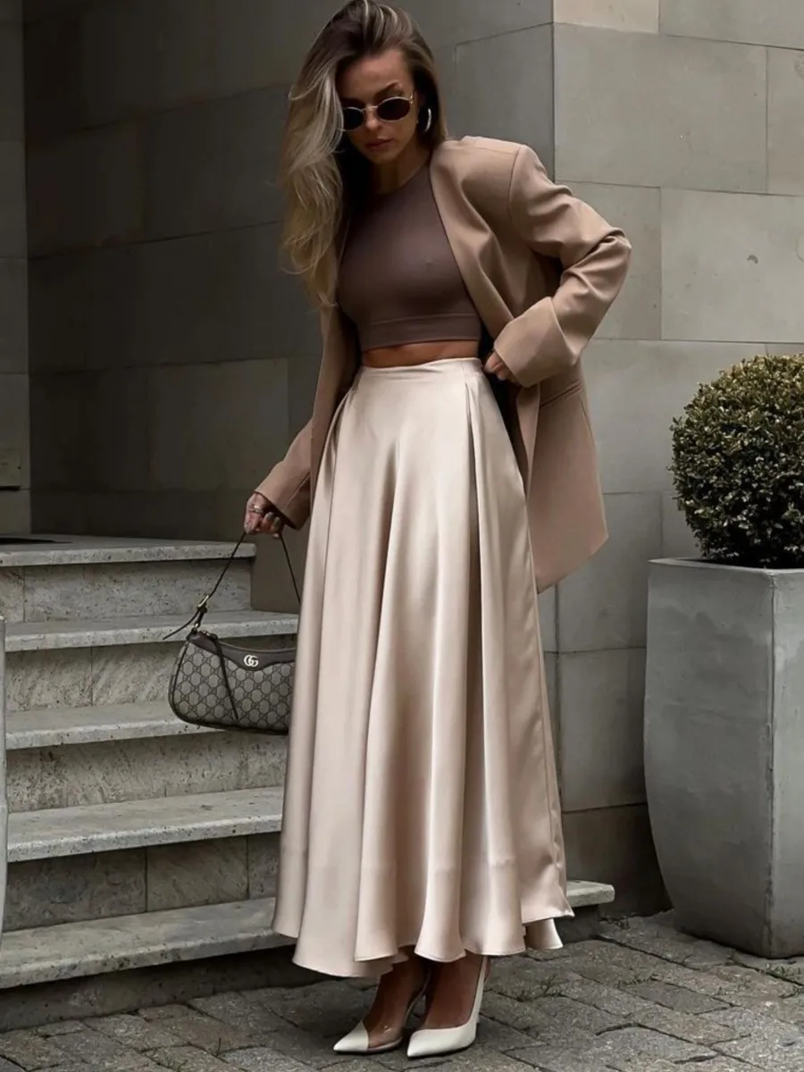 

Elegant Satin Long Skirt Women Simple Vintage High Waist A-line Draped Midi Skirts 2024 Spring New Casual Fashion Lady Faldas