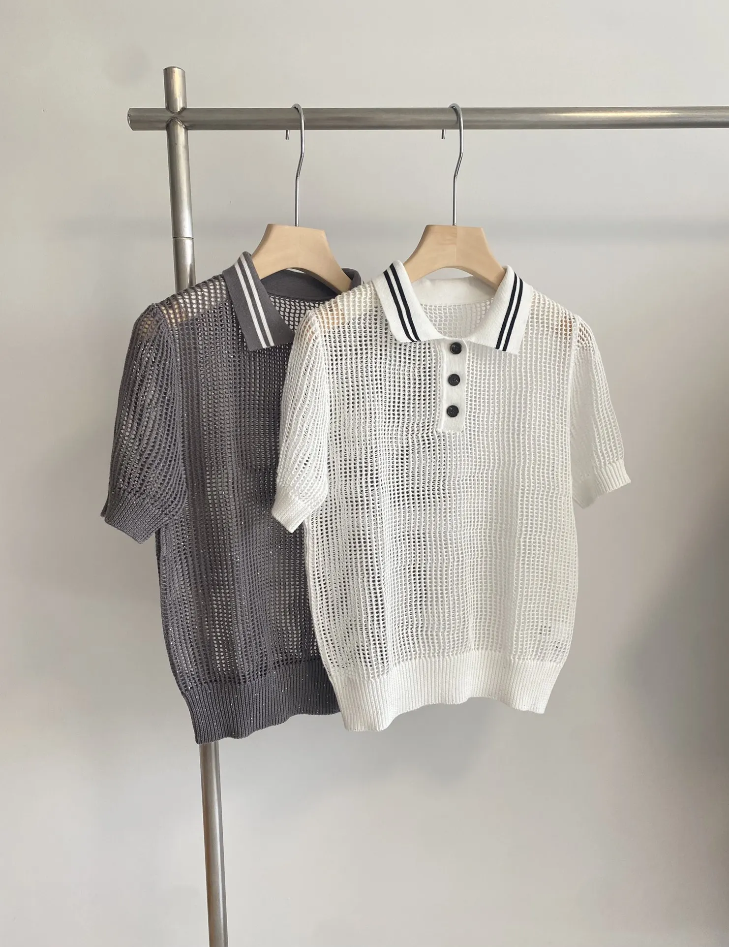 

New Linen Women's Polo Collar Top White Hole Slim Fit Pullover Casual Ladies Short Sleeve Tee High Quality